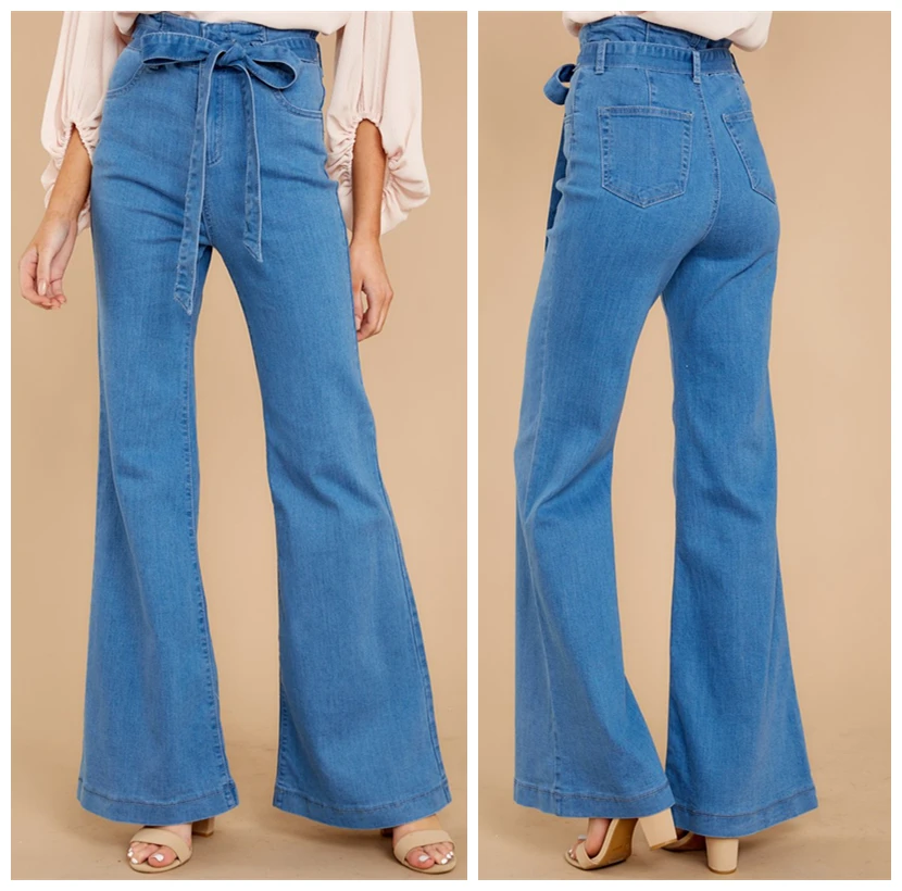 

Womens High Waist Wide Leg Jeans Straight Boot Cut Bow Belt Flared Denim Pants Maxi Plus Size Loose Female Bell-Bottom Trousers