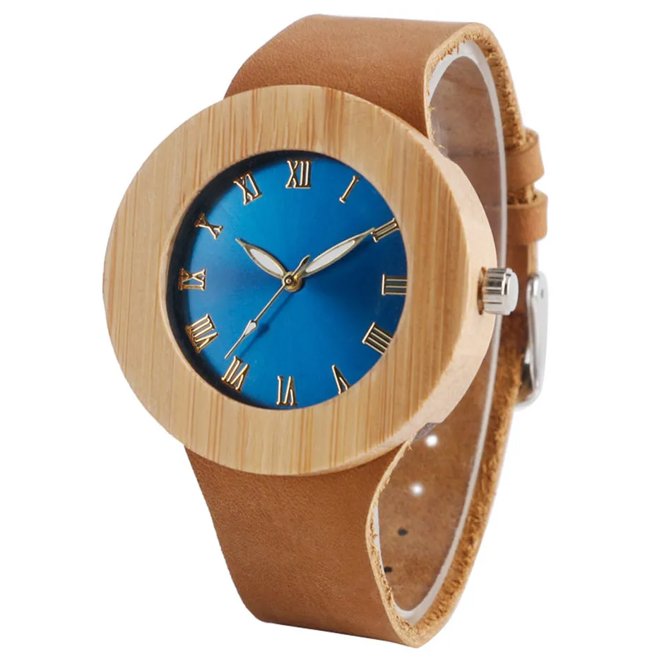 Creative Bamboo Blue Green Wooden Watch Dial Genuine Leather Casual Lovers Women Roman Number Quartz Wristwatch Relojes