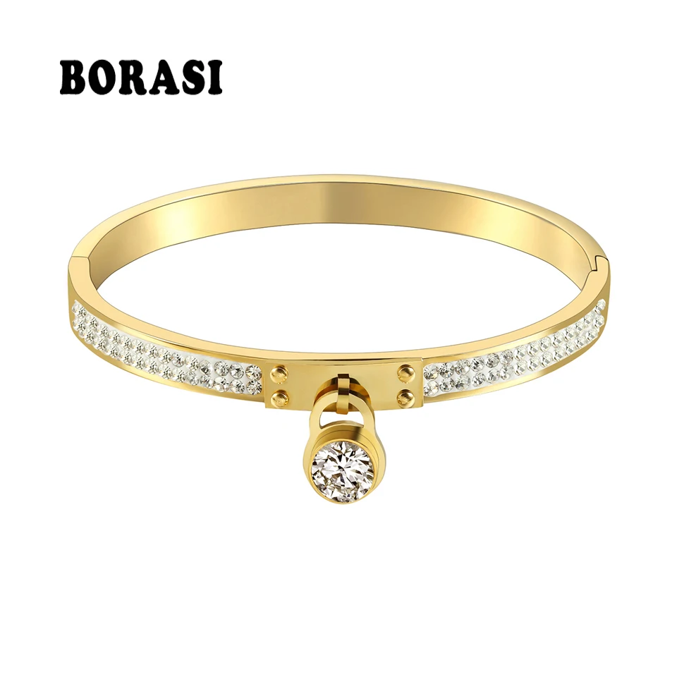 

BORASI Bracelets Bangles Fashion Jewelry Charm Lock Crystal In The Middle Bracelets For Women Men Gold-Color Engagement Bangle