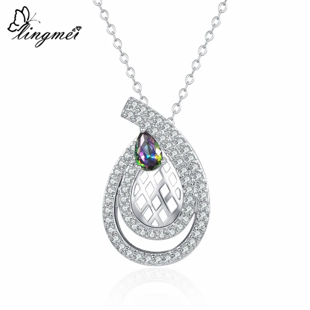 

lingmei Luxury WaterDrop Multi-color & Pink White Cubic Zirconia Silver Pendant Popular Fashion Women Jewelry Necklace Gift