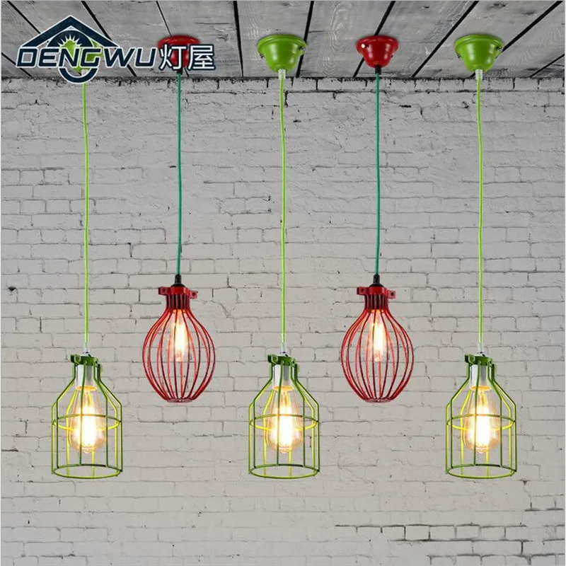 

Vintage Industry Red/Greeen Iron Cage Led E27 Pendant Light for Dining Room Restaurant Bar Shop Decor Lamps AC 80-265V 1540