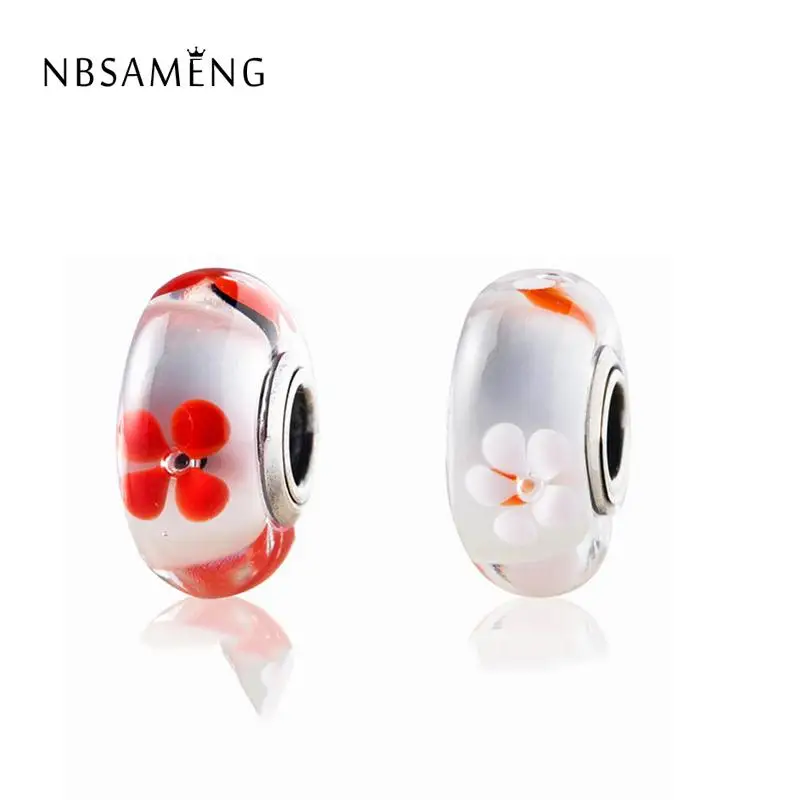 

Authentic 925 Sterling Silver DIY Bead Cherry Blossoms Red White Black Faceted Murano Glass Charm Fit Original Pandora Bracelets