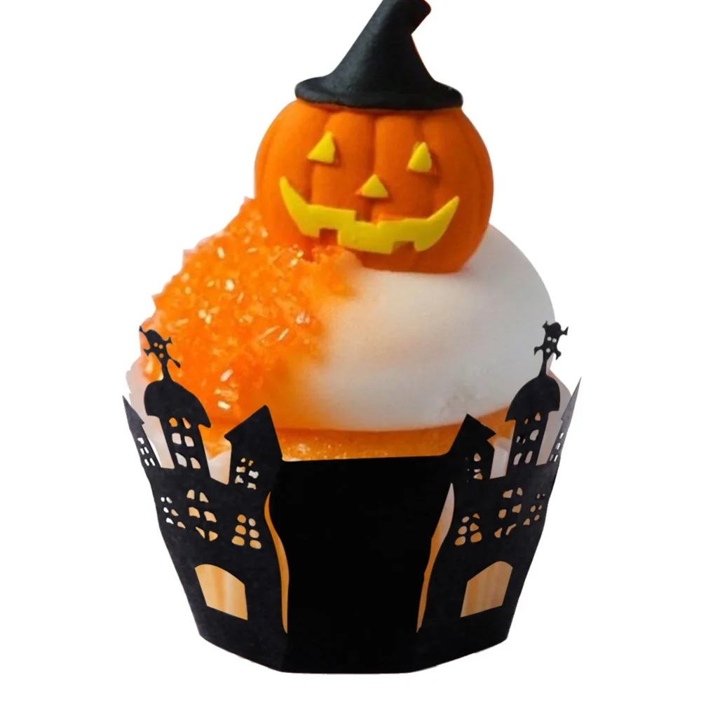 OurWarm 12 шт Хэллоуин Лазерная резка Кекс Обертка ведьма паутина замок бумажный Топпер на торт украшения-ужастики для хеллоуина реквизит