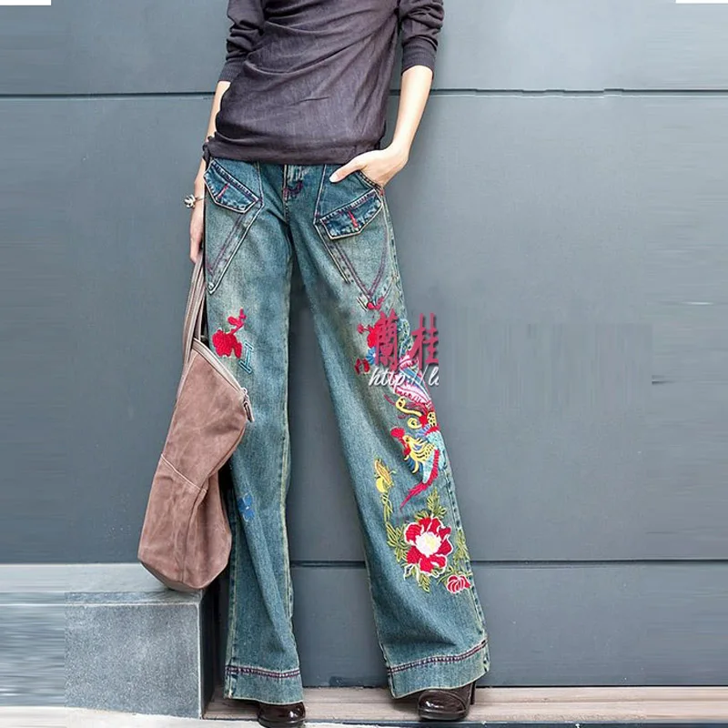 Национальный Ретро винтажный вышитый узор цветы джинсы женские длинные брюки Широкие брюки/Макси джинсовые брюки женские