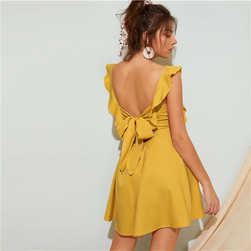 COLROVIE желтое платье в стиле бохо с квадратным вырезом и рюшами на спине, женское платье, летнее платье с коротким рукавом и открытой спиной для отдыха, вечеринки, сексуальное мини-платье - Цвет: Цвет: желтый