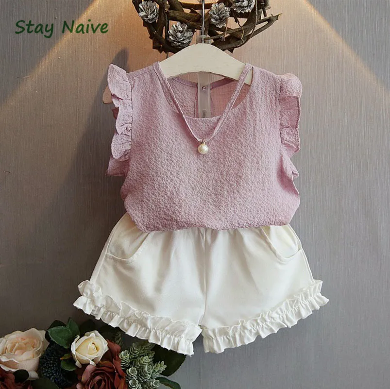 Stay Naive/Комплекты одежды для девочек Лето 2017 г. модные Повседневное жемчужина рукавов Шифоновая блузка + шорты костюмы детская одежда
