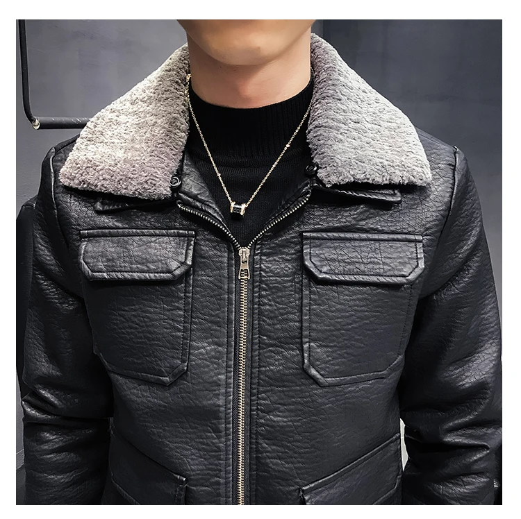2019 Новый корейский стиль черный Искусственная кожа куртка Для мужчин Slim Fit Multi-карман шерсть лайнер воротник зимний теплый мужские ветровки