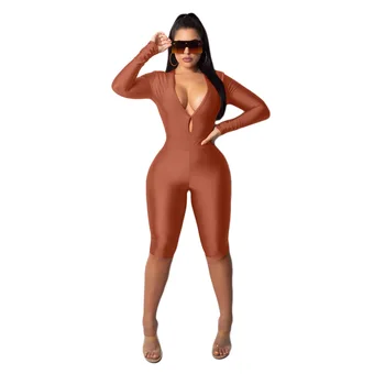 

Spring Autumn Women Jumpsuit Solid V Neck Long Sleeve Skinny Sexy Bodysuit Hollow Out Fashion Playsuit Plus Size