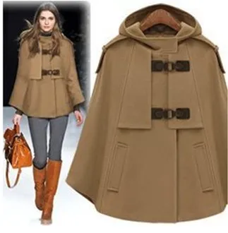 

2018 Spring Autumn European American Fashion Hooded Coat Leather Tab Batwing Sleeve Shawl Solid High Street Woolen Cloak DY26