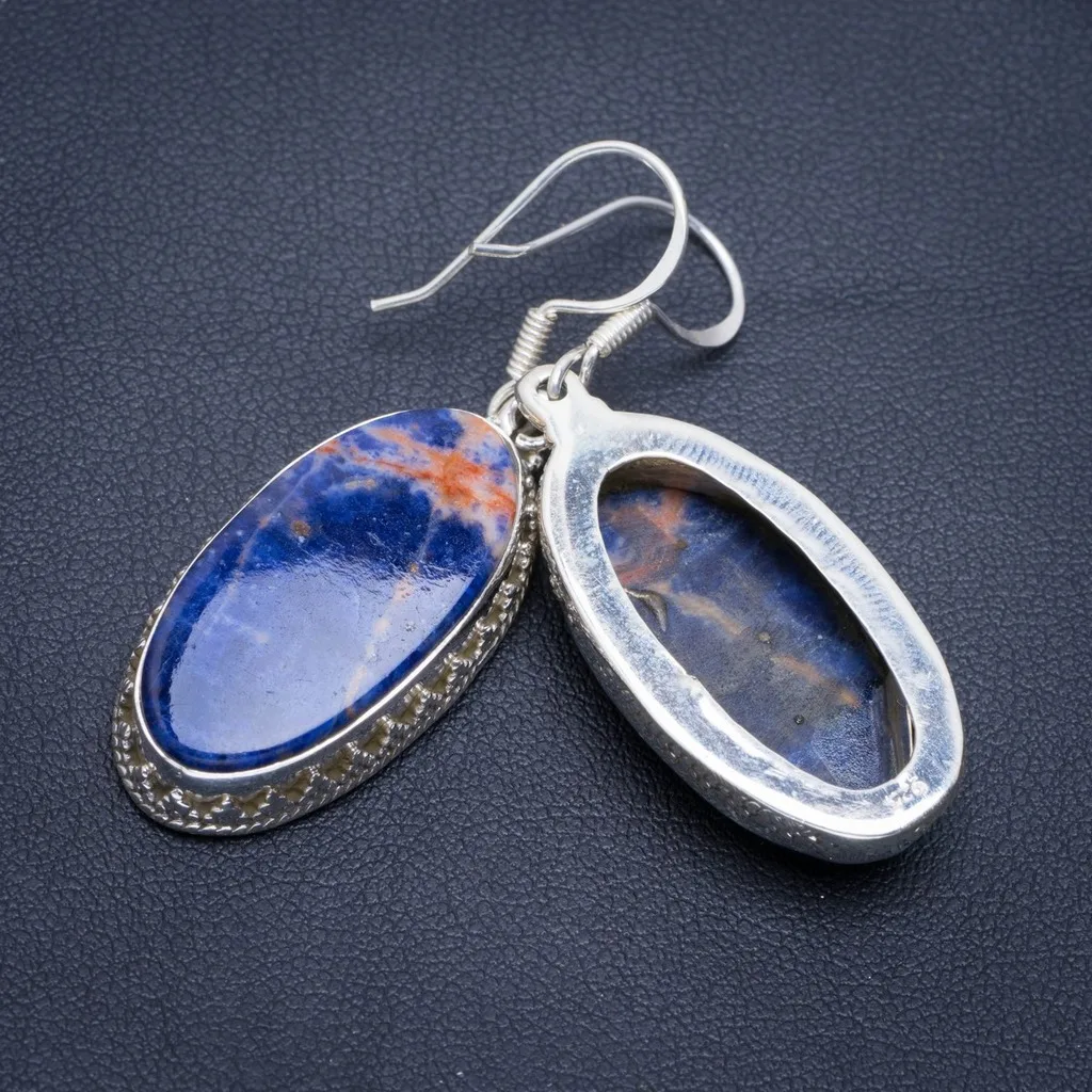 

Natural Orange Sodalite Handmade Unique 925 Sterling Silver Earrings 2" A2254