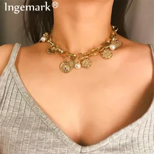 Ingemark Boho 새겨진 코인 초커 목걸이 빈티지 태양 꽃 모조 진주 펜던트 두꺼운 체인 목걸이 웨딩 쥬얼리 2019