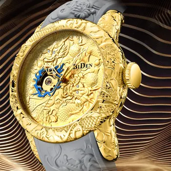 

BIDEN Fashion Gold Dragon Sculpture Watch Men Mechanical Watch Waterproof Big Dial Sport Men Watch Top Luxury Brand Clock 2019