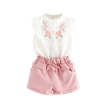 

5set New Summer Casual Style Flower Design Short Sleeve T-shirt+Double Pocket Pants 2Pcs Girl Dress For 3-7Year