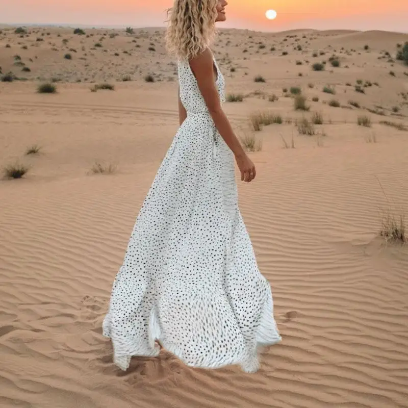 

Oulylan Summer Boho Plus Size Dress Women Sexy V-neck Sleeveless Party Dress White Polka Dot Dresses Beach Long Sundress Female