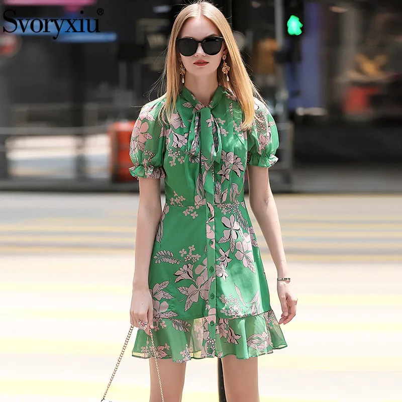 

Svoryxiu Runway Designer Summer Party Dress Women's Elegant Bow Collar Puff Sleeve Green Flower Print Short Dress Vestdios