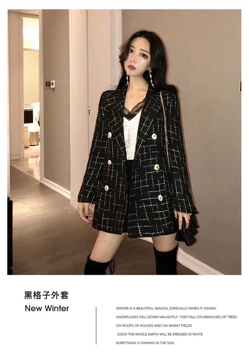 Vintage Plaid Tweed Jacket Women New Spring Streetwear Double Breasted Notched Pocket Jackets Long Sleeve Wool Outerwear Casaco