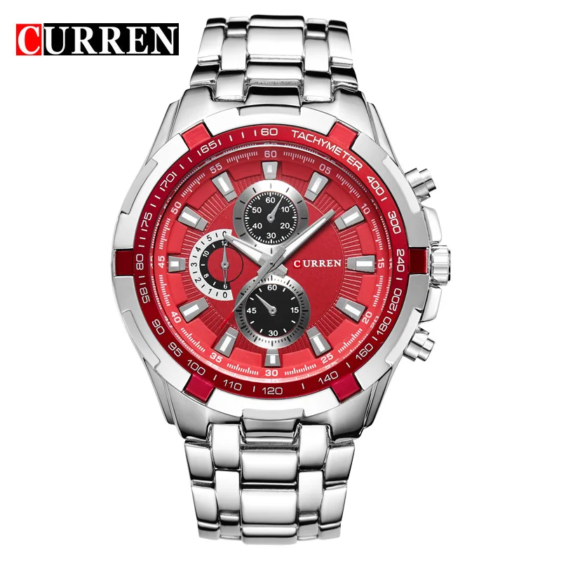 Топ бренд класса люкс CURREN Часы мужские модные и повседневные кварцевые мужские наручные часы классические аналоговые спортивные часы со стальным ремешком Relojes - Цвет: silver red