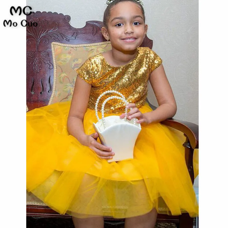 A-Line Round Neck Knee Length Yellow Flower Girl Dress with Sequins34