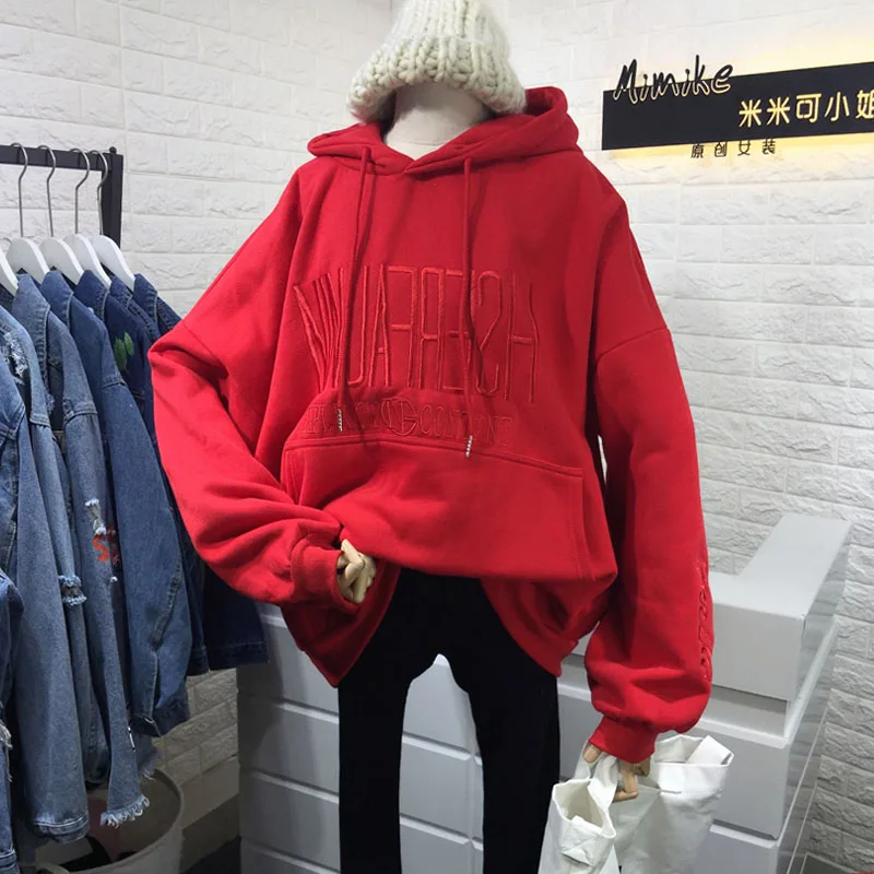 

with suede velvet hooded hoodies women korean style winter thick big size brushed letter embroidery hoodies with fleece 2018