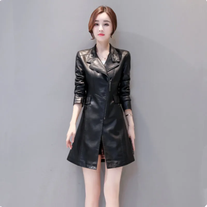M-5XL размера плюс женская кожаная куртка, пальто, модная Офисная Женская Лоскутная длинная куртка из искусственной кожи, верхняя одежда высокого качества - Цвет: black plus cotton