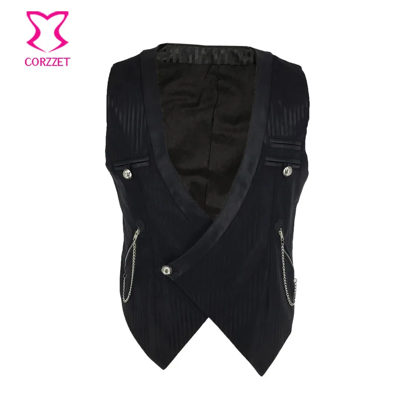 

Corzzet Steampunk Corset Black Striped Chain Stand Collar Sleeveless Slim Fit Mens Suit Vest Male Waistcoat Gilet Homme Jacket