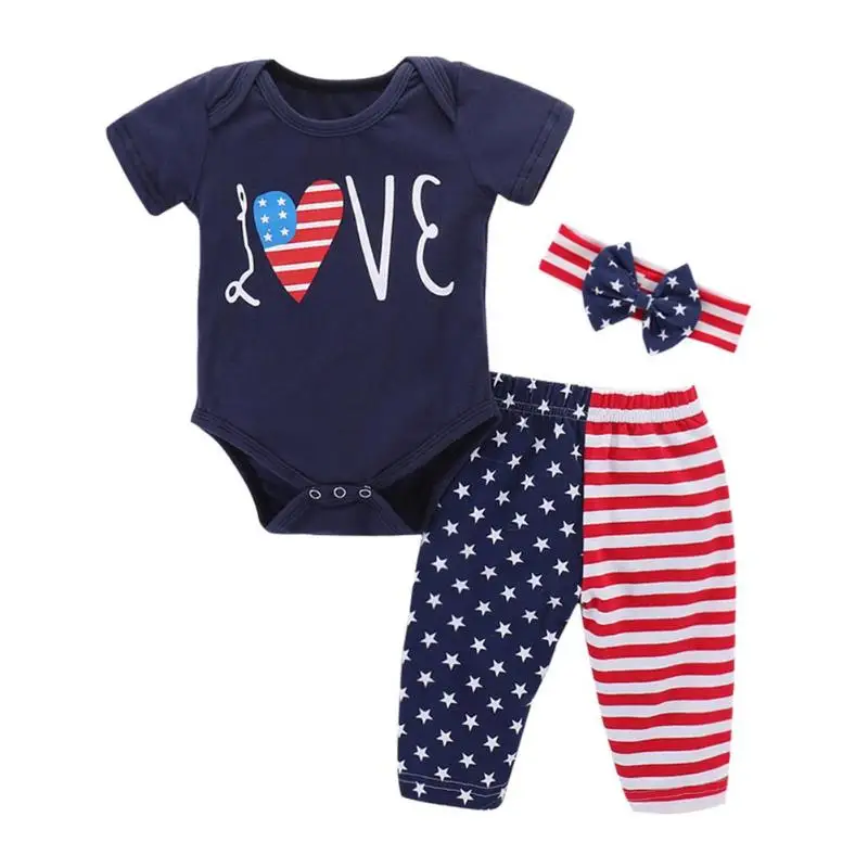 

3pcs Clothing Sets Baby Girls Short Sleeve Rompers Stripe Pants Headband