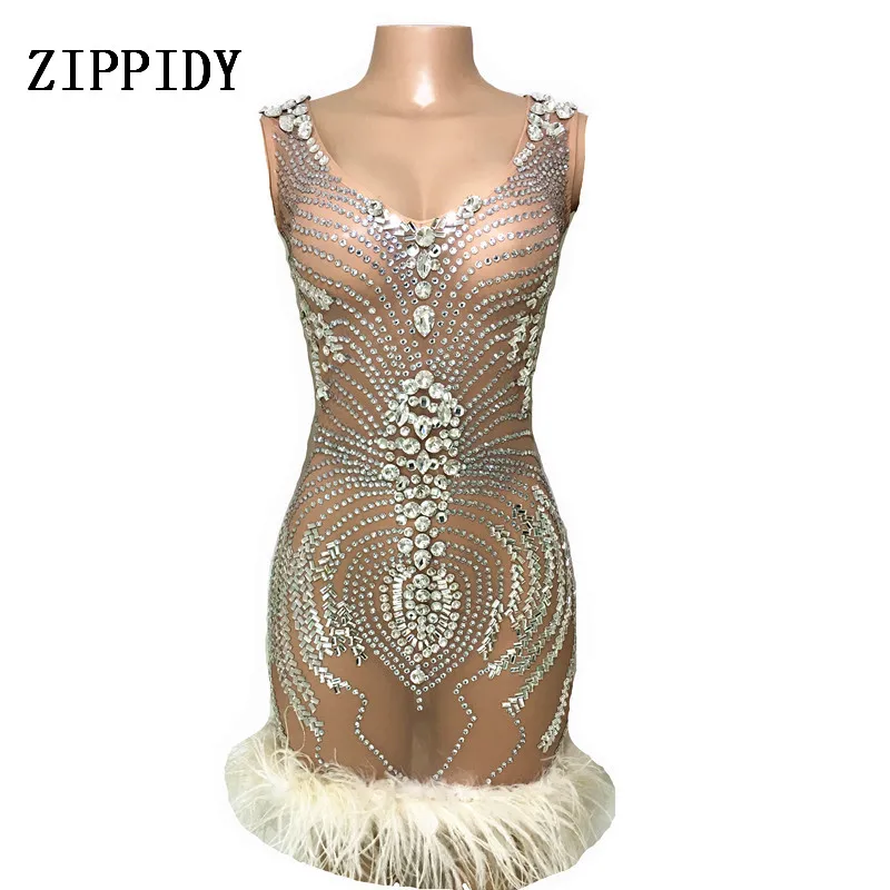 

Mesh Crystals Feather Dress Women's Evening Party Perspective Luxurious Dress Prom Female Birthday Celebrate Female Singer Dress