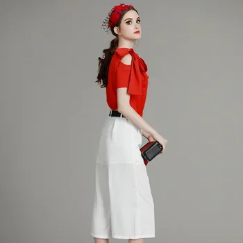 

Women's Spring And Summer 2018 New Style Bow Solid Color Strapless Blouse Wild Temperament Seven Wide Leg Pants Fashion Set