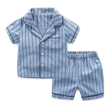 Новые летние детские пижамы, детские костюмы, рубашка+ шорты, 2 предмета, хлопковая одежда для сна, полосатые пижамы для малышей, комплект нижнего белья для мальчиков и девочек