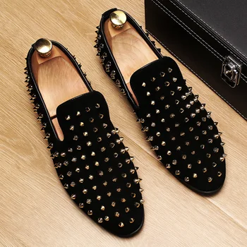

mens casual breathable party nightclub dress cow leather shoes slip-on rivet shoe young teenage loafers zapatos hombre masculino