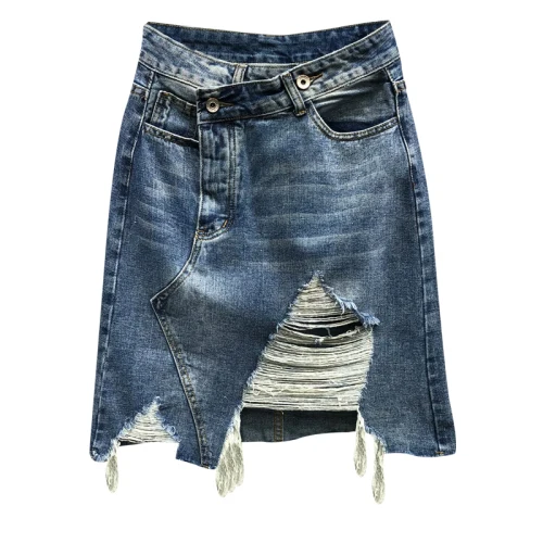 Summer New Irregular Denim Skirt Female Hole Tassel Women Skirt High Waist A Word Package Hip Blue Jean Skirt Female