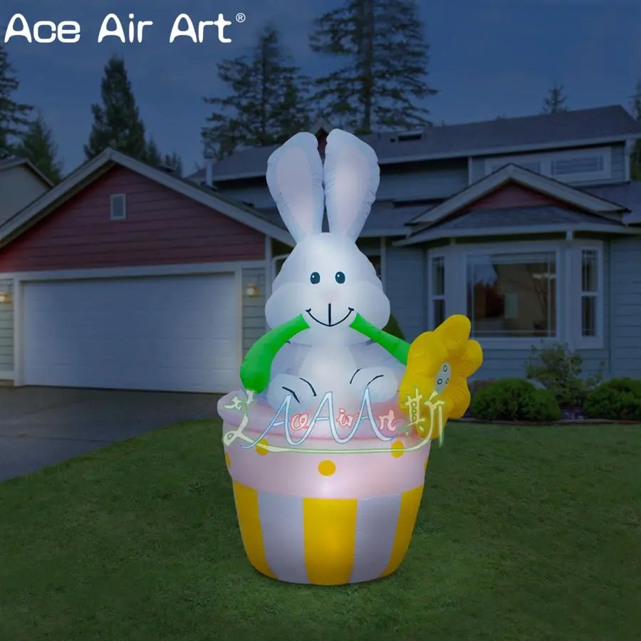 Новый дизайн пасхальное украшение Освещение Надувной серый кролик сидеть корзина с easterlily цветок