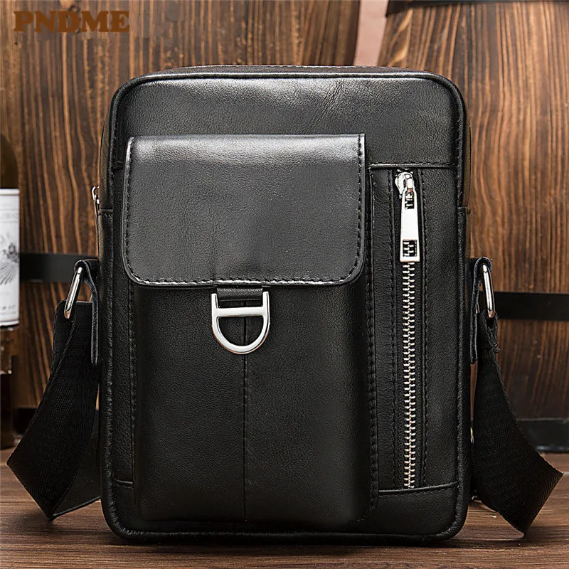 

PNDME casual black genuine leather men's shoulder bag simple soft cowhide leather messenger bag waterproof weekend bag