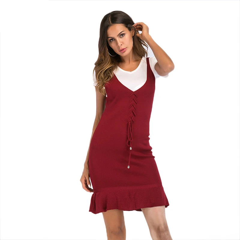 

Autumn Strap Sweater Dress Women Sleeveless Red Lacing Deep V-Neck Ruffles Skinny Vintage Wrap Sexy Black Knitted Dress Ladies