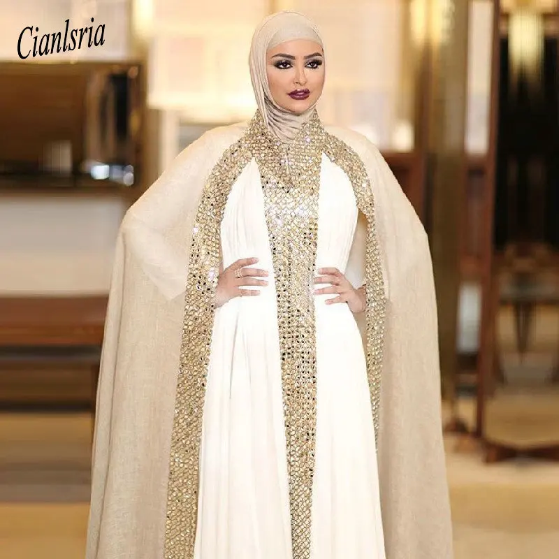 Champagne Dubai Kaftan Arabic Islamic Muslim Evening Dress Long Sleeve Beading Rhinestone Formal Evening Party Dresses Vestido Champagne Dubai Kaftan Arabic Islamic Muslim Evening Dress Long Sleeve Beading Rhinestone Formal Evening Party Dresses Vestido