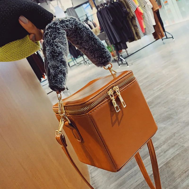 Luxury Faux Fur Handle Box Bag Design Fashion Ladies Shoulder Bag Tote