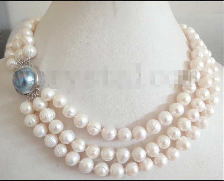 

FREE SHIPPING>@@> 3-row white cultured freshwater pearls 8x9mm mabe clasp necklace ^^^@^Noble style Natural Fine jewe &