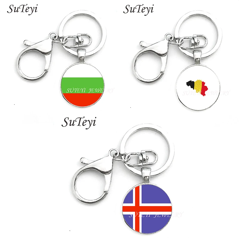 

Stylish Creative Keychain Flags Key Rings Exquisite Bulgaria and Belgium and Iceland Flag Key Chain Decoration Car Pendant Gift