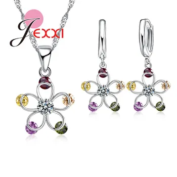 

Trendy Fashion 925 Sterling Silver Women Jewelry Sets Shiny Crystal Stone Flower Pendant Necklace Earrings for Girls