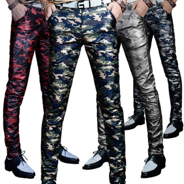 Winter new men's camouflage PU leather pants Slim feet trousers