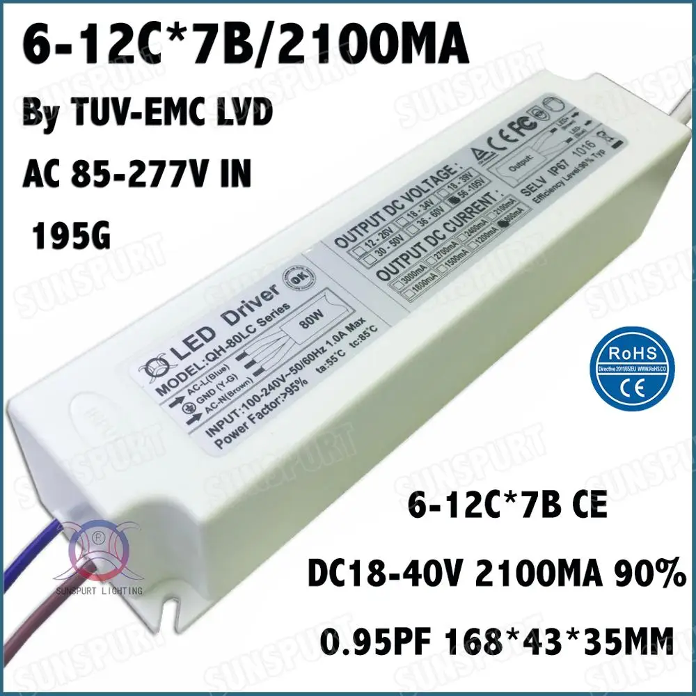 

2 Pcs By TUV-EMC LVD 80W AC85-277V LED Driver 6-12Cx7B 2100mA DC18-40V Constant Current LED Power For Panel light Free Shipping