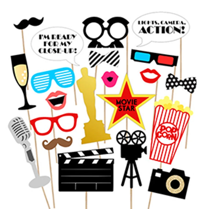 33pcs Oscar Photo Booth Props Party Glasses Masks Hat Mustache Lip Funny Photobooth Props Photograph Birthday Party Decoration