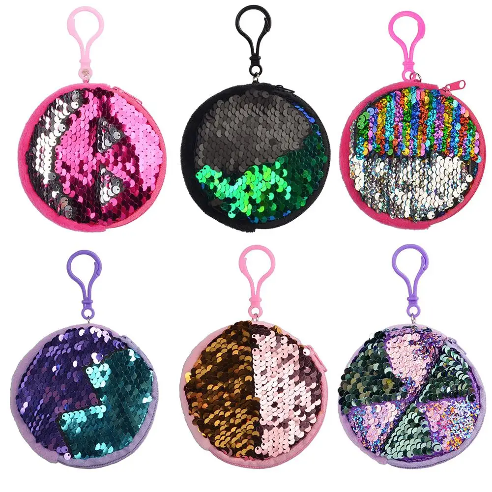 

Women Reversible Sequins Key Chain Earphone Storage Bag Round Zipper Coin Purse