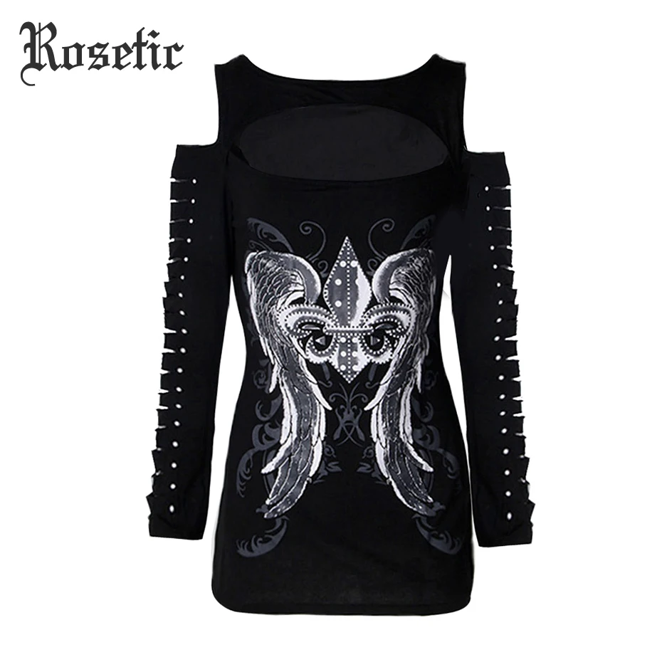 Rosetic Gothic Harajuku Slim T-Shirt Wing Print Cut-Out Long Sleeve Round Neck Off Shoulder Hollow Out Casual Fashion Punk Tees