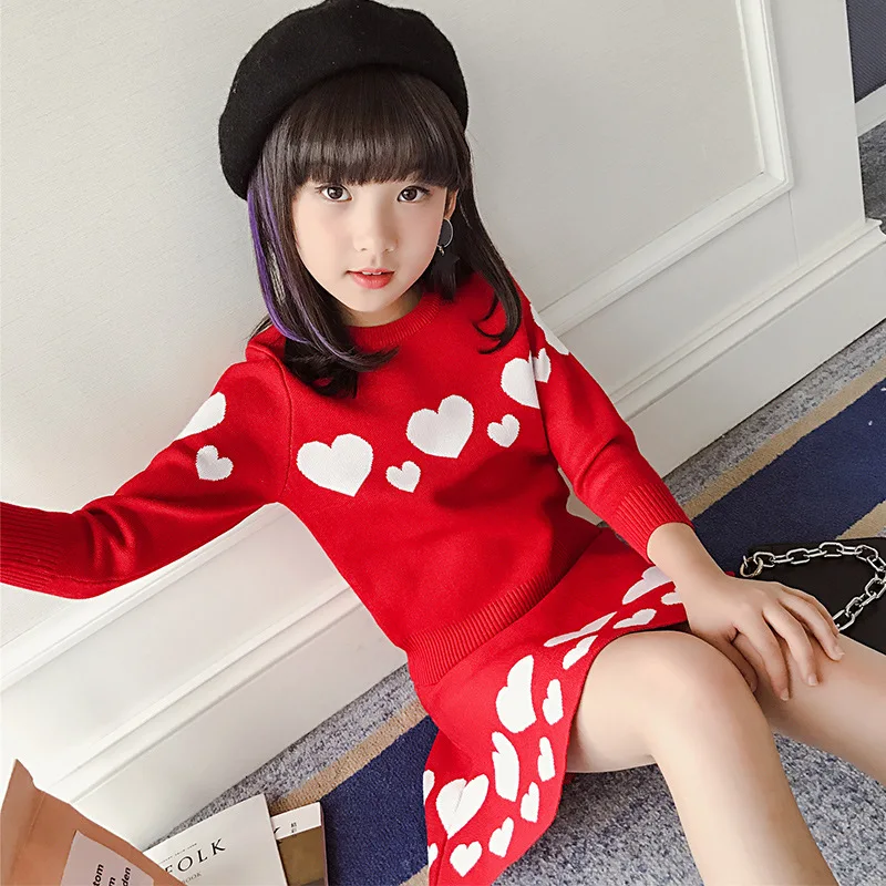 

5 6 7 8 9 10 11 12 13 Years Sweaters Clothes Set Autumn Long Sleeve Sweater Tops + Skirt 2pcs Teenagers Baby Girl Clothing Set