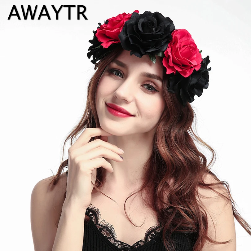 

AWAYTR Rose Flower Headband Black Red Floral Head Band Wedding Crown Spring Summer Beach Garland Bridal Headwear