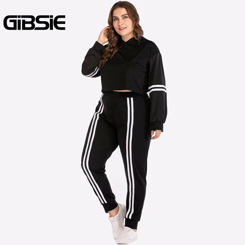 GIBSIE размера плюс женская одежда 4XL XXXL осенний комплект из двух предметов Топ и штаны полосатый спортивный костюм женский укороченный топ 2 предмета - Цвет: Черный