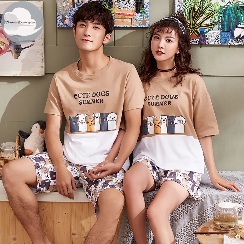 

Brand Summer Knitted Cotton Women's Pajama Set Couple Cartoon Nightwear Suit Pants Men's Pajama Sets Lovers Sleepwear Fashion