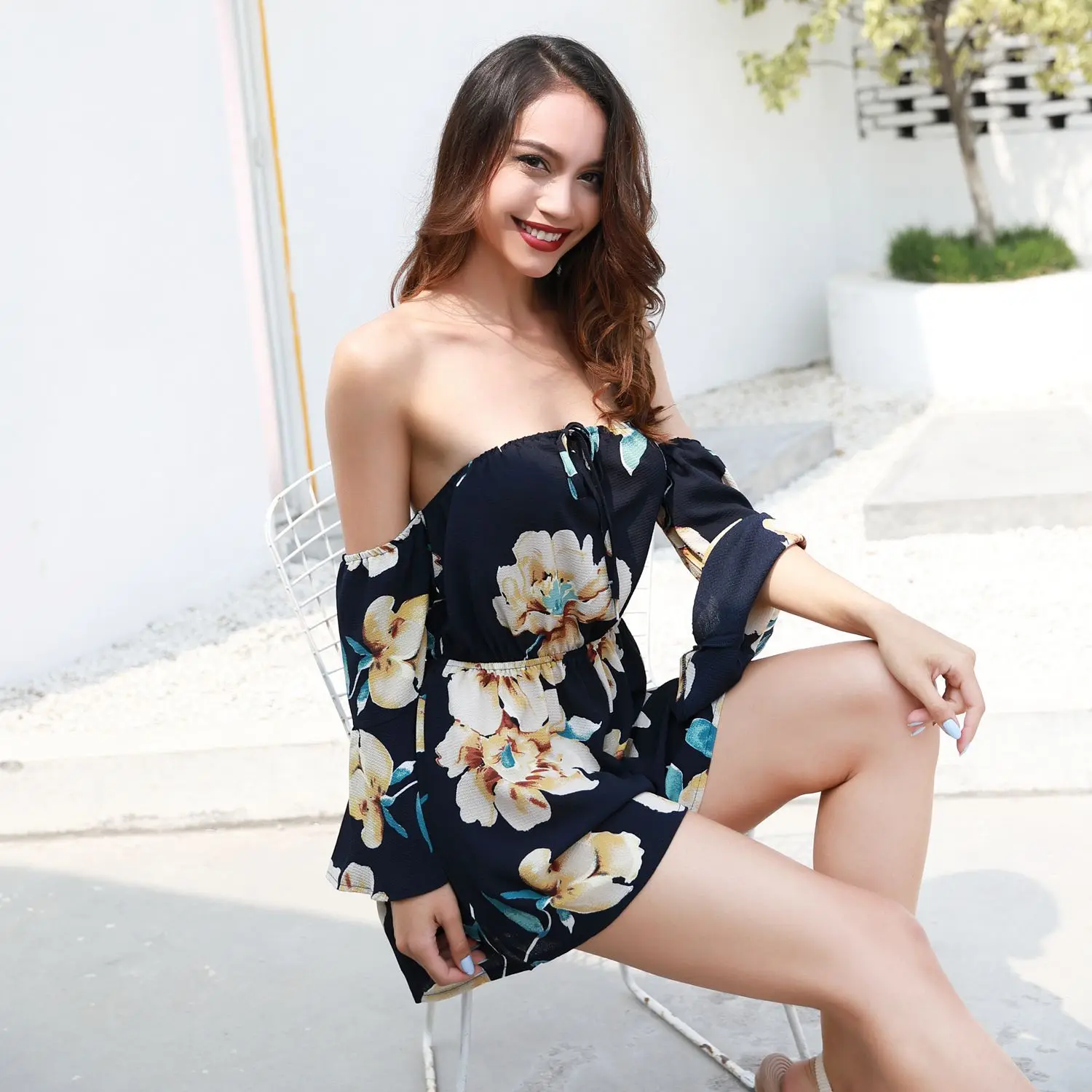 

Boho Casual Vogue Jumpsuits Women Floral 2018 Summer Off Shoulder Floral Trumpet Sleeves Elastic Band Conjoined Female Clothes