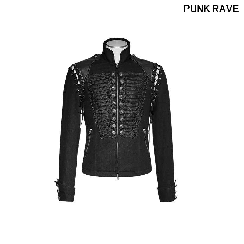 

Steampunk Black Rugged Denim Fabric Removable Sleeves Short Coat Retro Rock Military Uniform Men Short Jacket PUNK RAVE Y-721